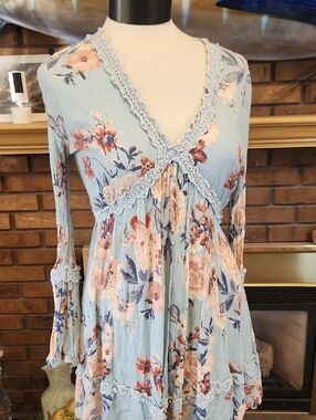 Y2k Vintage Minidress Floral Mauve Light Steel Blue Lace Detail Boho Festival
